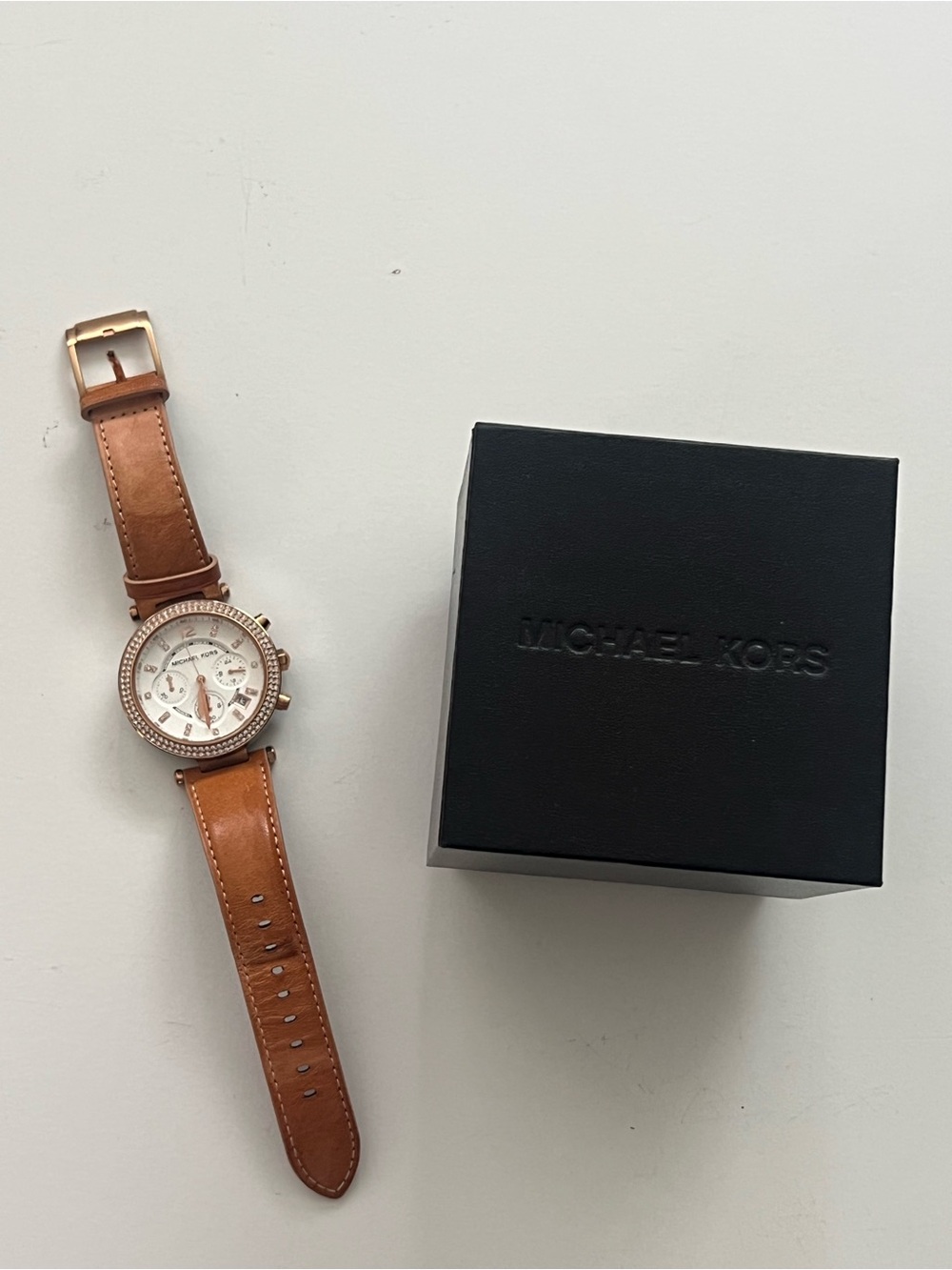 Michael Kors Rose Gold Case with Tan Leather Strap Watch